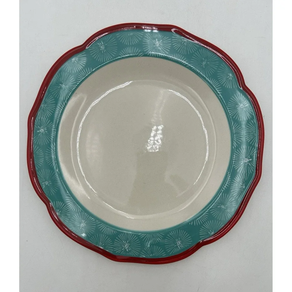 Pioneer Woman Happiness Dinner Plate Red Scalloped Rim Turquoise Floral Border